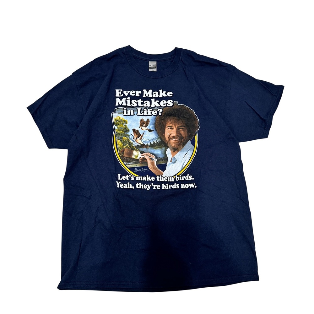 Gildan Bob Ross Mistakes Birds Navy Blue Graphic T-Shirt Mens XL Ultra Cotton